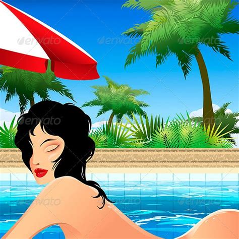 A Woman Laying In The Pool Under An Umbrella People Characters Objects Objects
