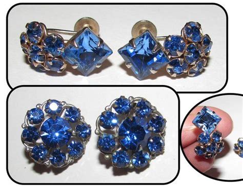 Vintage Silver Tone Blue Glass Rhinestone Screw Back Earrings And