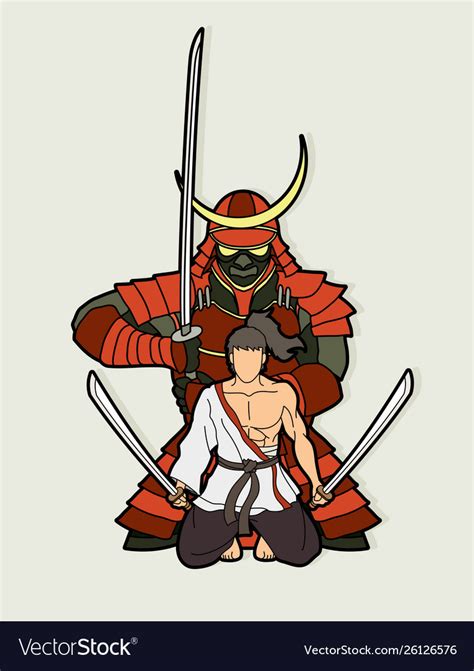 Samurai Warriors With Swords Action Cartoon Vector Image