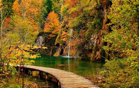 Wallpaper Waterfall Bridges Croatia Plitvice Lakes Autumn Park Images For Desktop Section