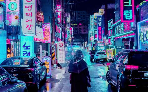 1440x900 Wallpaper Night City Street Umbrella Man