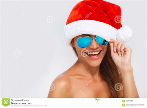 Maiden In Orange Bikini And Hat Of Santa Claus Stock Image Image Of