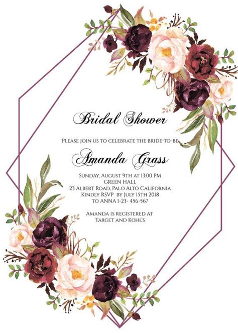 Illustrated twigs and leaves engagement party invitation. Burgundy Bridal Shower Invitation Instant Download, Floral Brid… | Floral wedding invitations ...