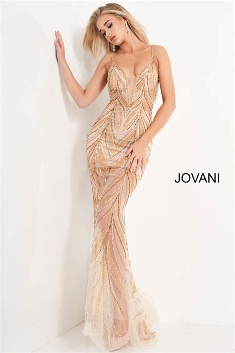 Jovani 00613 Plunge Neck Beaded Mesh Prom Dress