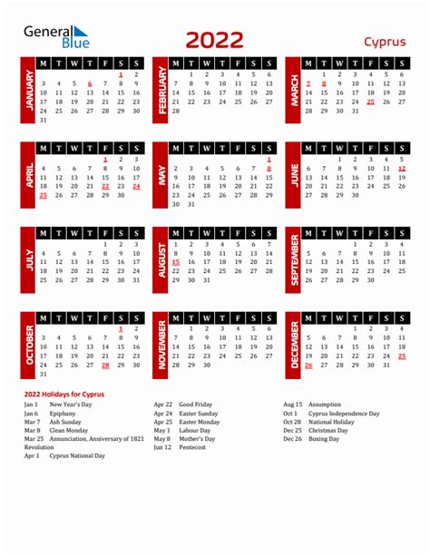 2022 Cyprus Calendar With Holidays