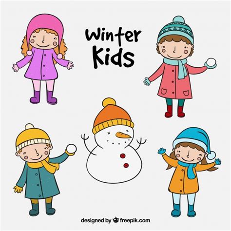 Imprima gratis, 100 imágenes en invierno, los adultos y los niños pasan mucho tiempo en casa. Bonitos niños de invierno en el estilo de dibujos a mano ...