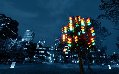 Black Traffic Light City Traffic Lights Night Colorful Hd Wallpaper