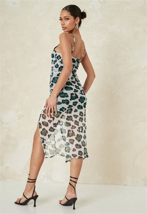 Petite Green Leopard Mesh Ruched Midi Dress | Missguided