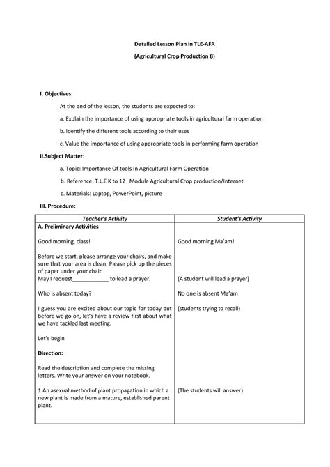 Lesson Plan In Tle Eng Detailed Lesson Plan In Tle Afa Agricultural