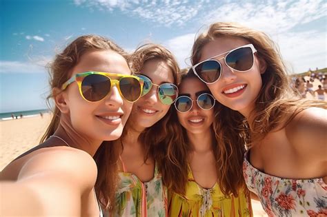 Premium Ai Image Four Girls On A Beach Wearing Sunglasses