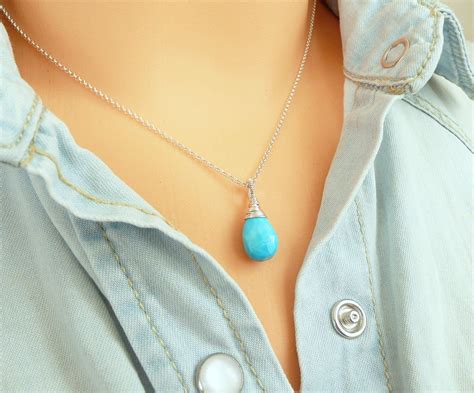 Sterling Silver Turquoise Necklace Turquoise Pendant Etsy Dainty