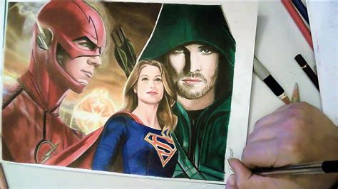 Speed Drawing Timelapse The Flash Supergirl And Green Arrow Colored
