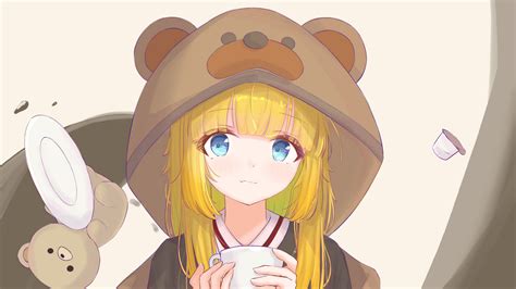 Blue Eyes Yellow Hair Anime Girl Teddy Hat Hood Ears Hd Anime Girl