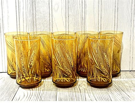 Vintage Libbey Harvest Time Gold Wheat Glass Tumblers Set Of 8 1970s Water Glasses Holiday Fall