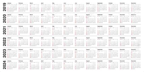 Year 2019 2020 2021 2022 2023 2024 Calendar Vector Design Template 10