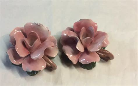Vtg Capodimonte Porcelain Pink Rose Flower Candle Holder Hand Made