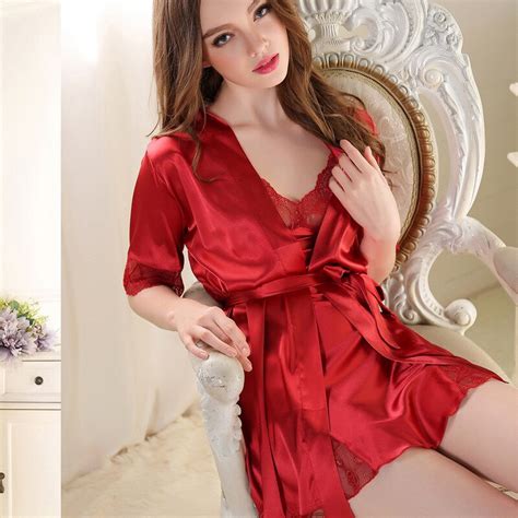 Sexy Lace Stiching Silk Nightdress Robe Set Dressing Gowns For Women