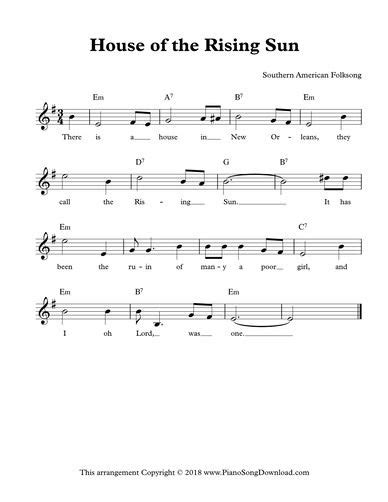 House Of The Rising Sun Free Lead Sheet With Melody Lyrics And Chords Artofit