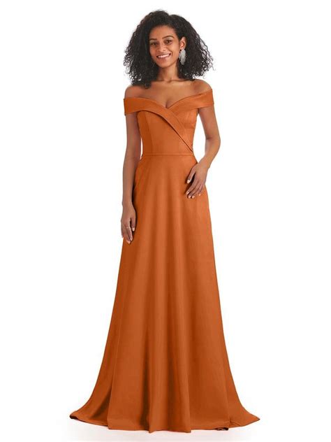 Soft Satin Off Shoulder V Neck Floor Length A Line African Bridesmaid Dresses Tangerine
