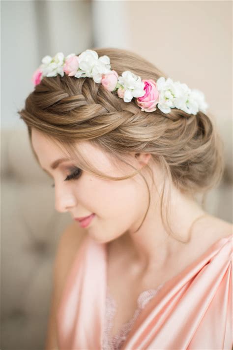 Braided Wedding Hairstyle Witn Pastel Flower Crown Deer