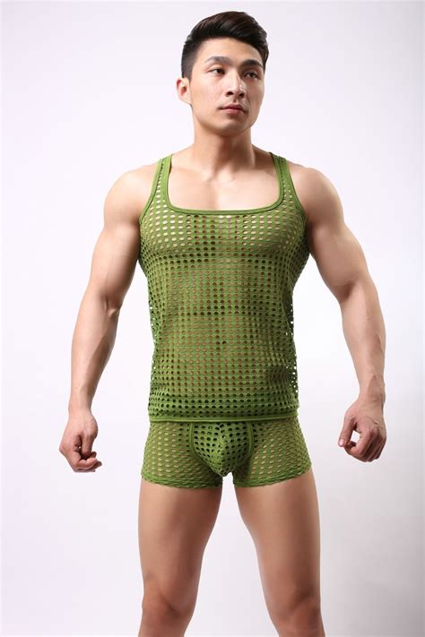 Tank Top Men Fashion Sexy Gay Male Shorts Cute Underwear Set Mesh Net