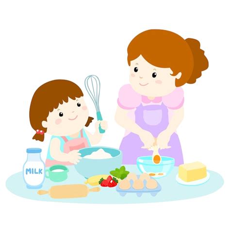 Pequeña Hija Cocinando Con Su Madre Vector Premium