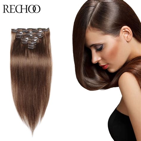 Human Hair Clip Extensions Light Brown Straight Hair Clips Inch 100
