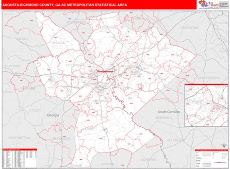 Augusta Richmond County Ga Metro Area Wall Map Red Line Style By Marketmaps