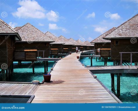 Walkway With Water Bungalows On Both Sides In Maldives Stock Image