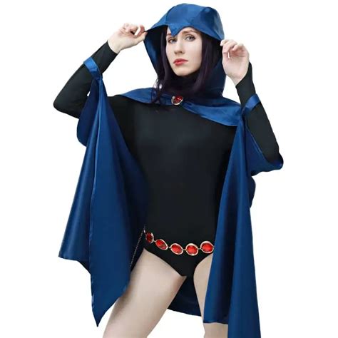 dazcos super hero teen titans raven cosplay costume women black bodysuit blue hooded cloak