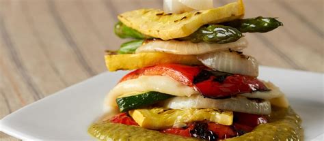 Grilled Vegetable Stack With Oaxaca Cheese And Tomatillo Lime Avocado Sauce