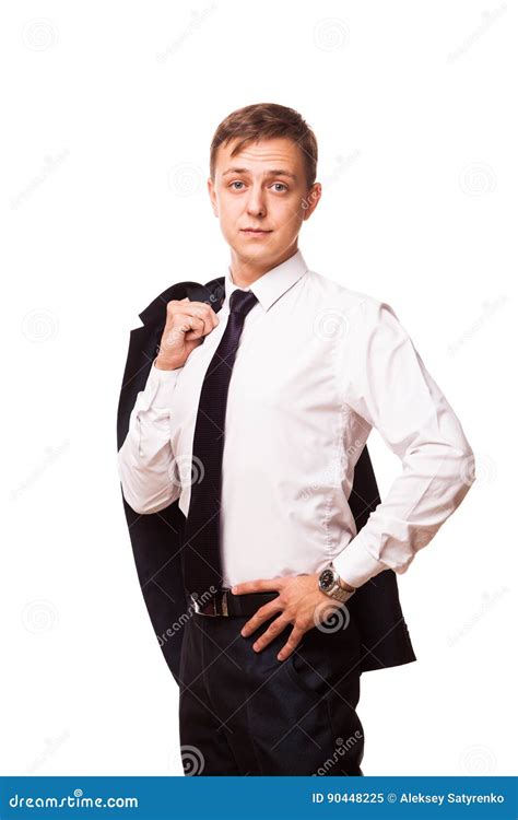 Young Handsome Businessman Is Holding A Jacket In His One Hand And The