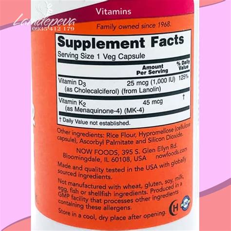 Vitamin D3 1000iu Và K2 45mcg Now Của Mỹ Hộp 120 Viên Eva