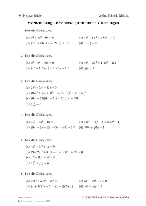 Übungsblatt mit lösung als kostenloser pdf download zum ausdrucken: Aufgaben Wochenübung - besondere quadratische Gleichungen ...