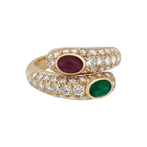 Vintage Cartier 18k Yellow Gold Emerald Ruby Bypass Diamond Ring
