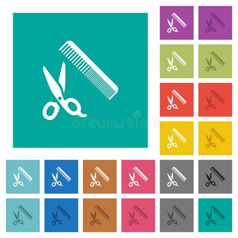 Comb And Scissors Square Flat Multi Colored Icons Stock Vector