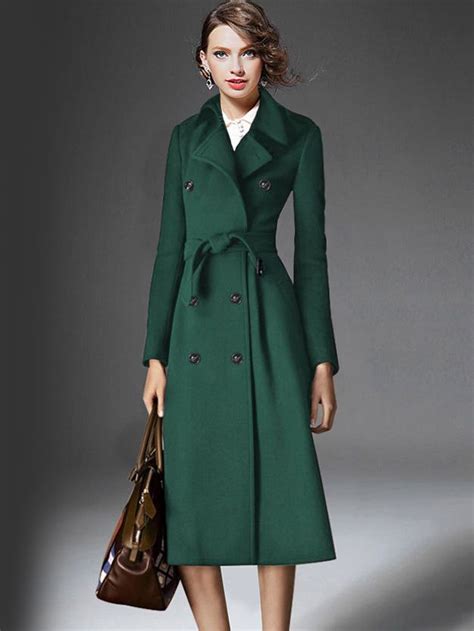 Dark Green Lapel Double Breasted Belt Trench Coat Long Green Coat