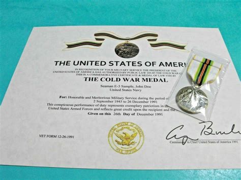 Cold War Medal With Cold War Medal Certificate Military Certificates