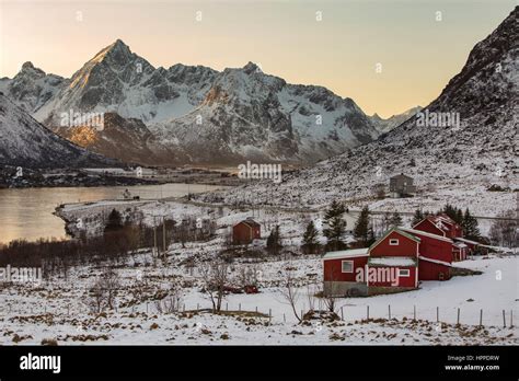 Sunrise Napp Village Lofoten Islands Norway Europe Stock Photo Alamy