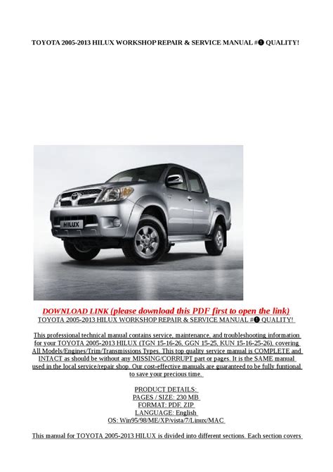 Toyota 2005 2013 Hilux Workshop Repair And Service Manual Quality By