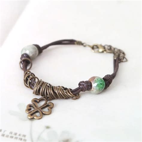 ceramic beaded bracelet for women vintage four leaf clover pendant bracelets retro copper