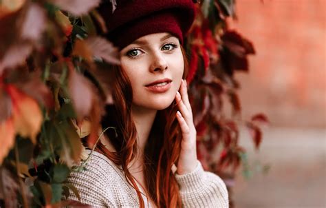 Wallpaper Look Leaves Girl Face Hand Portrait Red Redhead Takes Natalia Andreeva By