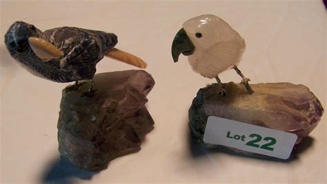 Pair Of Hand Carved Semi Precious Stone Birds Apx 4t X 5 W
