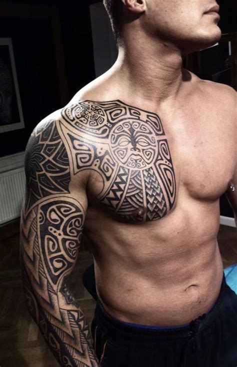 Awesome Maori Right Arm And Chest Tattoo For Men