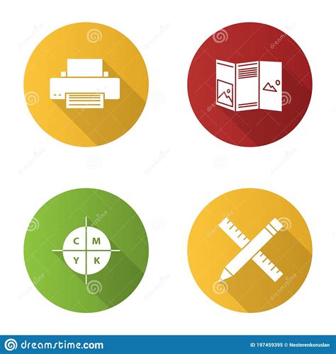 Printing Flat Design Long Shadow Glyph Icons Set Stock Vector