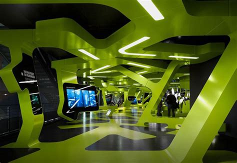 Futuristic Green Exhibition With Black And Green Interior