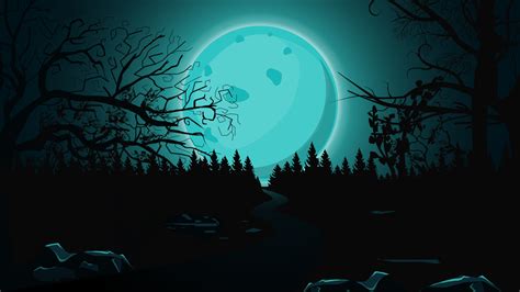 Halloween Background Full Blue Moon Dark Forest And Lonely Trail