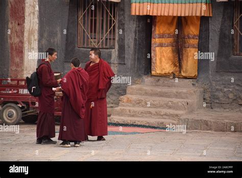 Buddhist Monks Inside Sakya Monastery Tingri County Tibet China