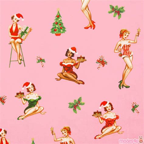 christmas darlings michael miller retro pin up girls tree on cotton fabric pink modes4u