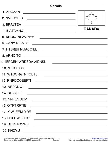 It is wonderful way to teach kids about english letters and also helps kindergarten kids to practice writing the letter a to z. Canada Word Unscramble Worksheet for 5th - 6th Grade ...